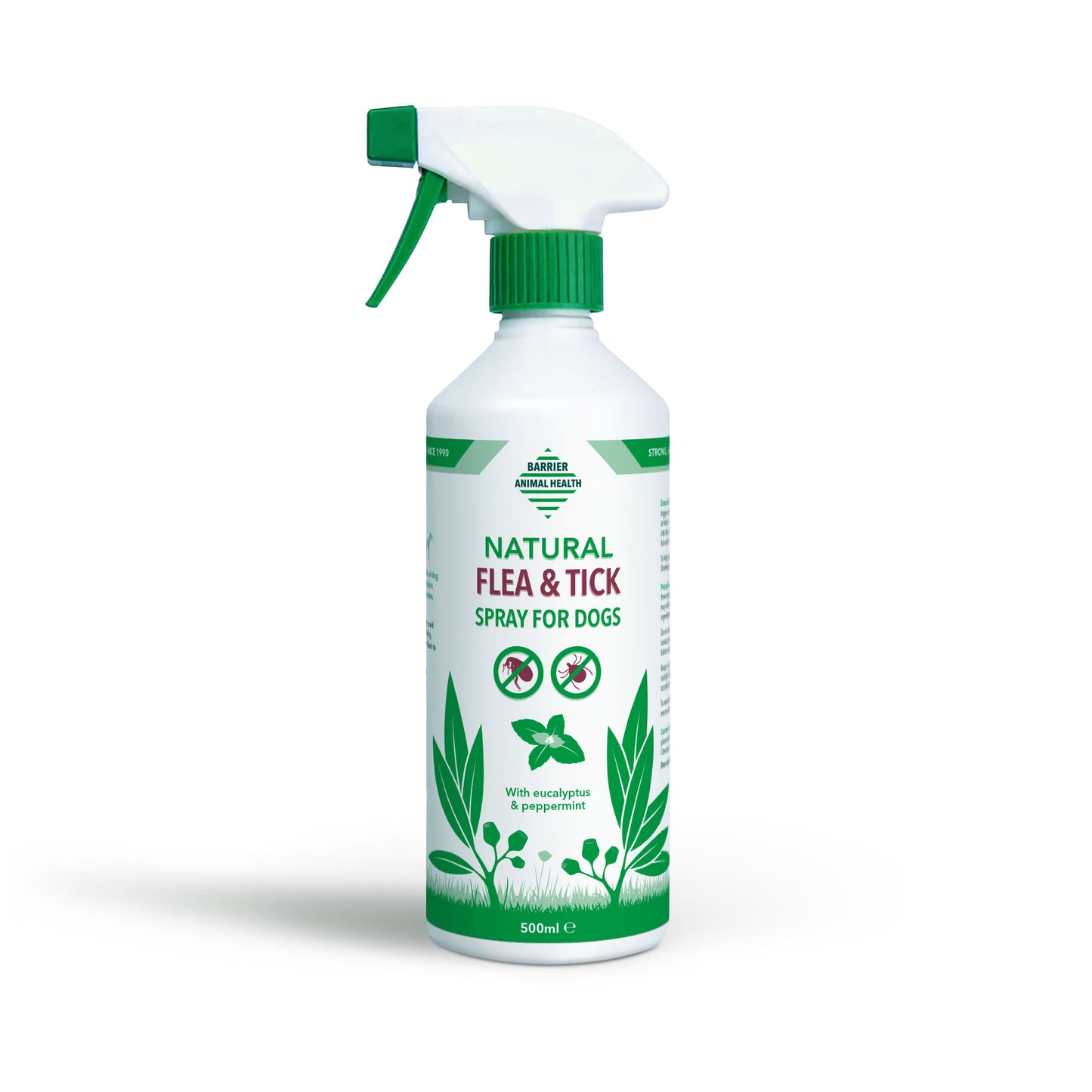 Barrier Natural Flea and Tick Spray for Dogs 500ml bottle with spray nozzle and natural ingredients.
