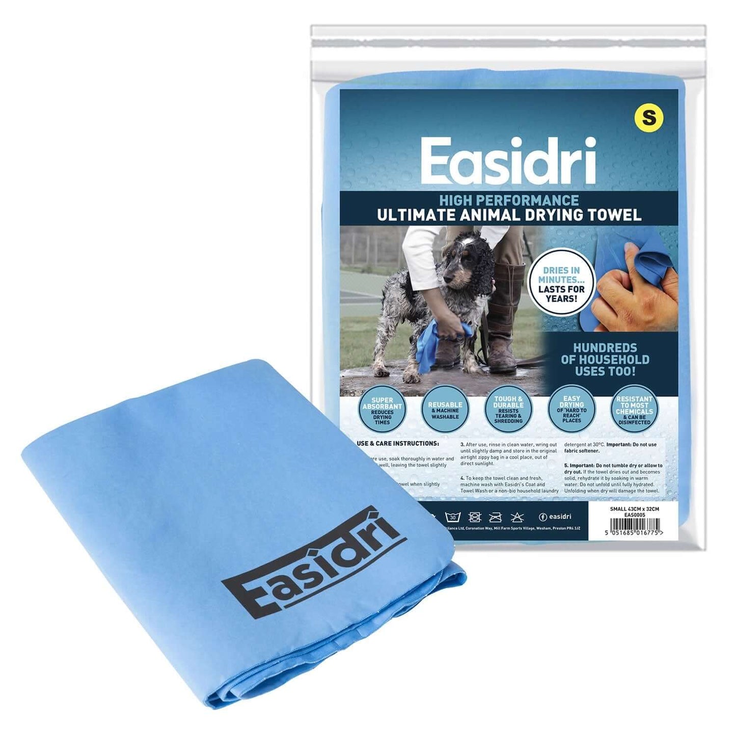 Easidri super absorbent pet towel in blue, packaged and ready for drying dogs quickly and effectively.