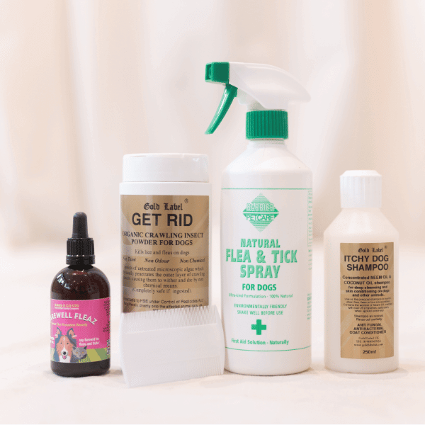 Bye-Bye Fleas Bundle featuring natural flea spray, powder, and itchy dog shampoo for safe pest control.
