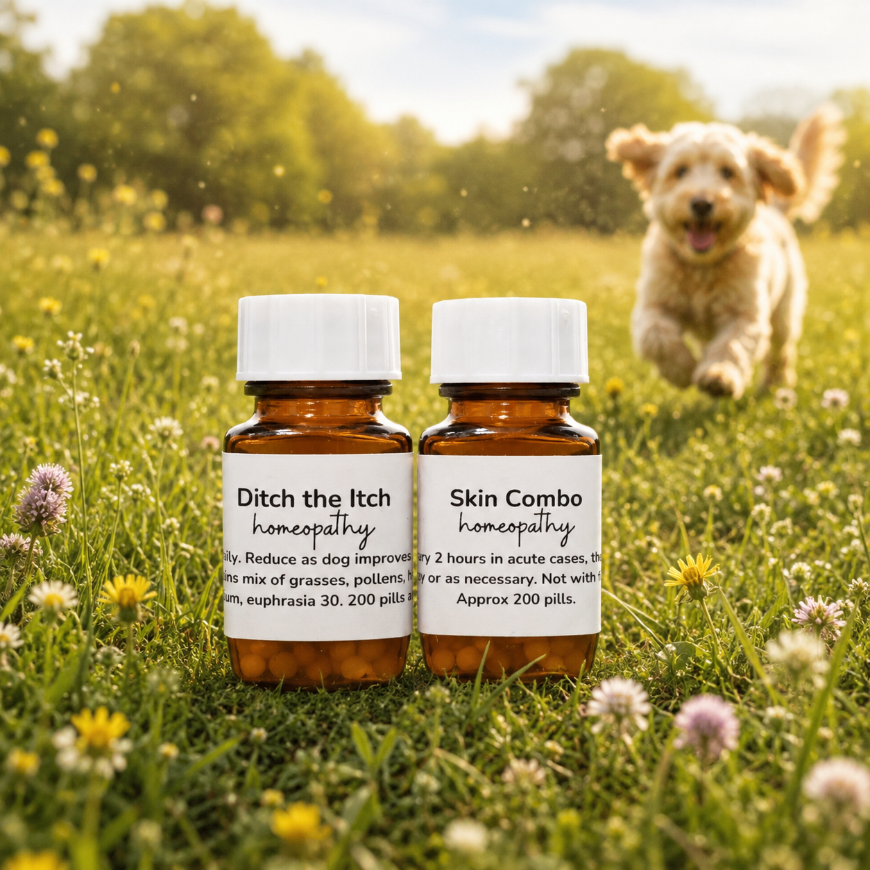 Grass and pollen rescue pack in a field with dog in background
