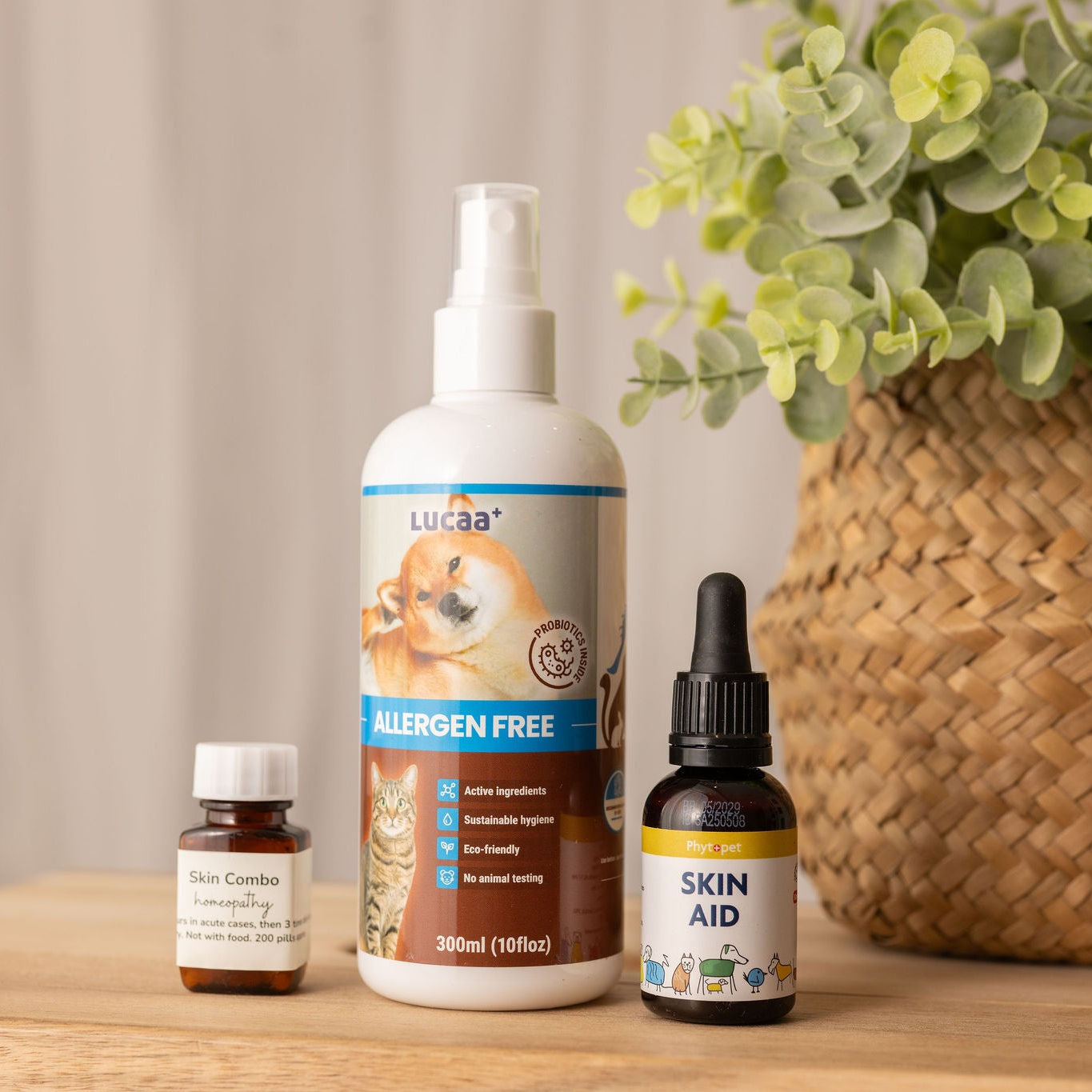 Collection of pet care products used in the Yeast Support Pack on a wooden surface with a plant in the background.