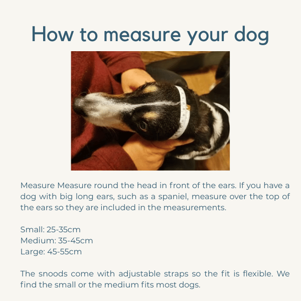 How to measure your dog for the Anti-panic Dog Snood for Noise Sensitivity, showing measurement instructions.