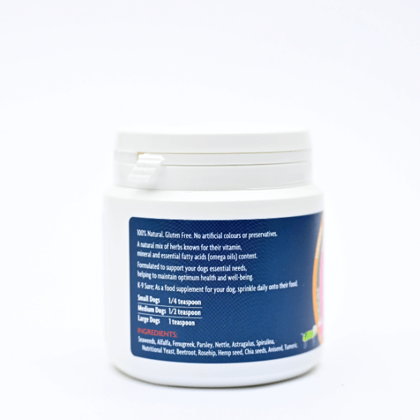 K9 Sure dog supplement bottle featuring seaweed, herbs, and seeds for optimum health and wellbeing.