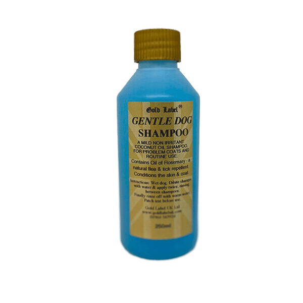 Gentle Dog Shampoo bottle with coconut oil and rosemary for sensitive skin, conditions coat and repels fleas.