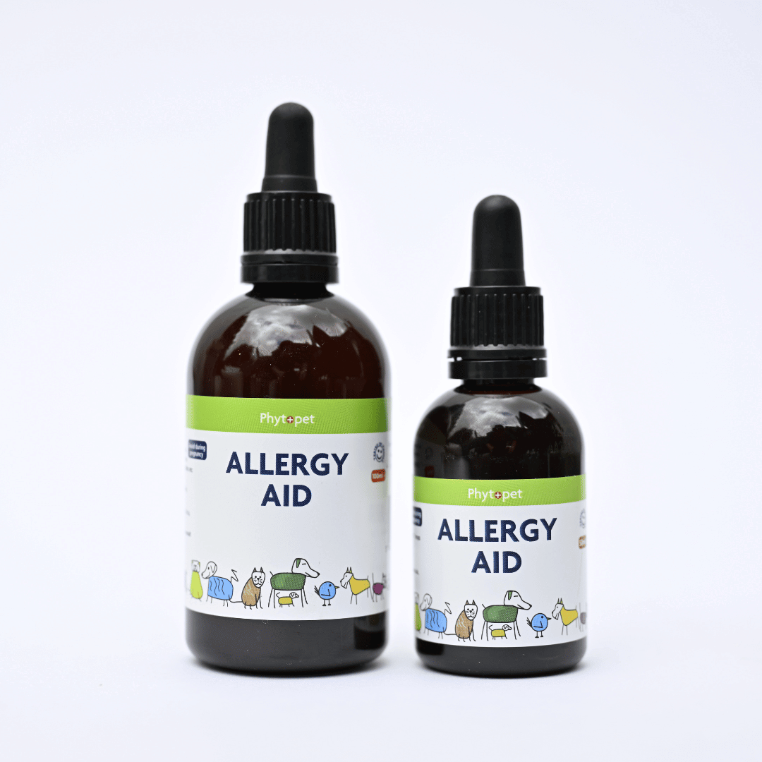 Herbal tincture bottles of Allergy Aid for dogs, designed to soothe itchy skin with botanical extracts like Huang Qin and Ginkgo.