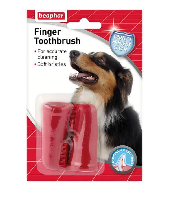 Beaphar finger toothbrush for dogs, 2 pack packaging with soft bristles for accurate cleaning and pet dental care.
