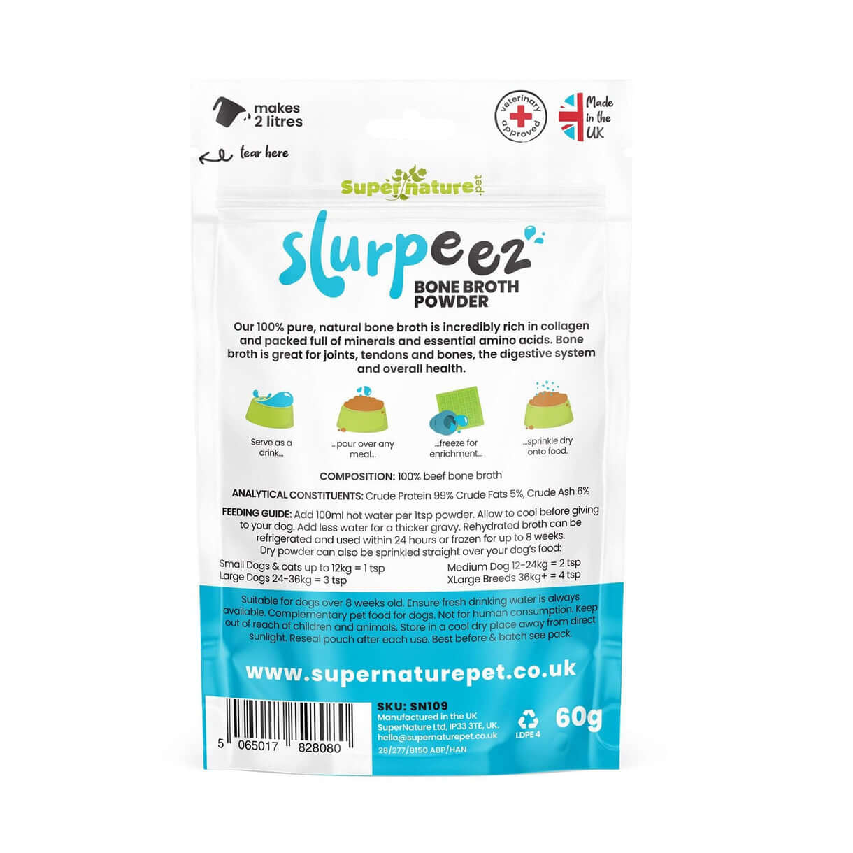 Back of packet with dosage guide of Beef Slurpeez bone broth for dogs