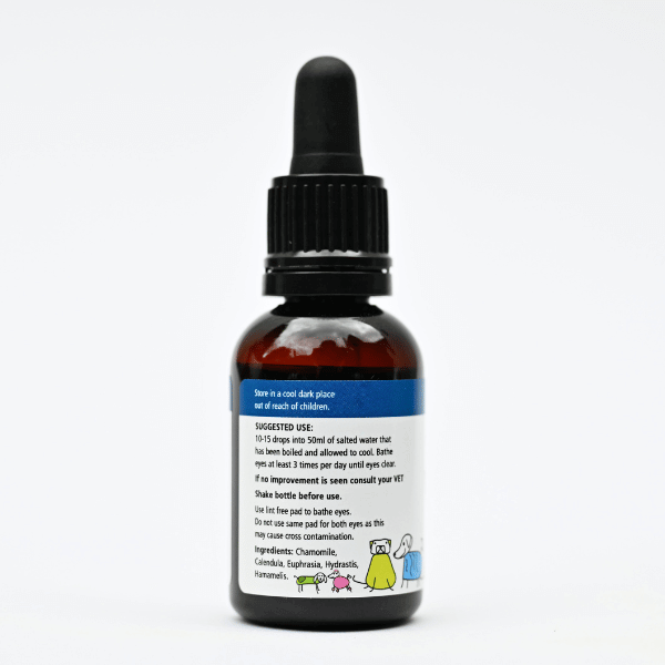 Eye Wash Herbal Remedy dropper bottle with suggested use and ingredients text on label.