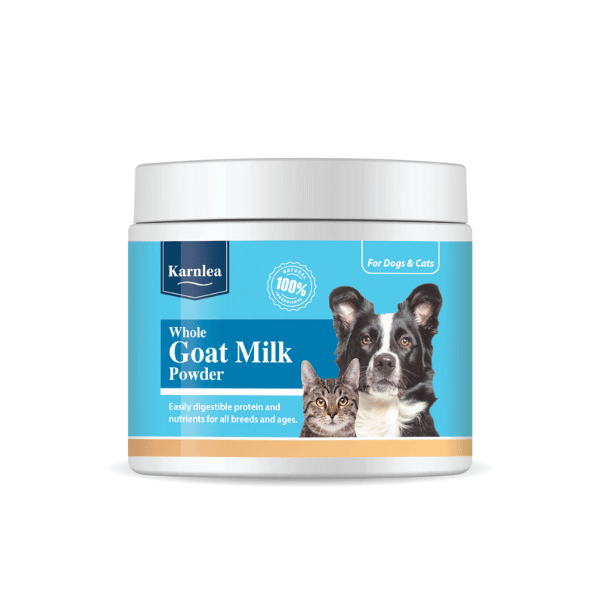 Whole goat milk powder for dogs and cats, rich in protein and nutrients, easily digestible for all breeds.