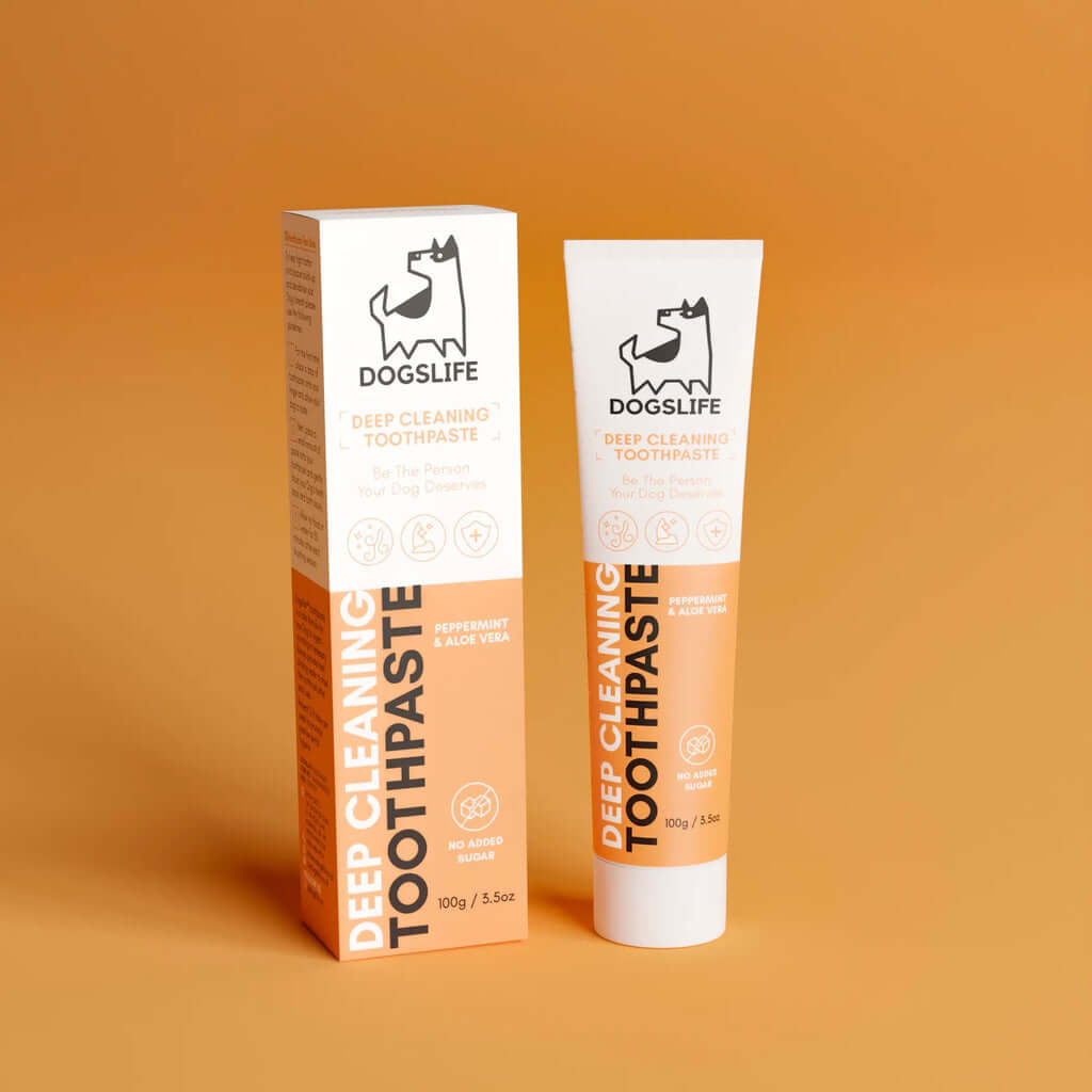 Dog's Life deep cleaning toothpaste tube and box with peppermint and aloe vera, promoting dental health for dogs.