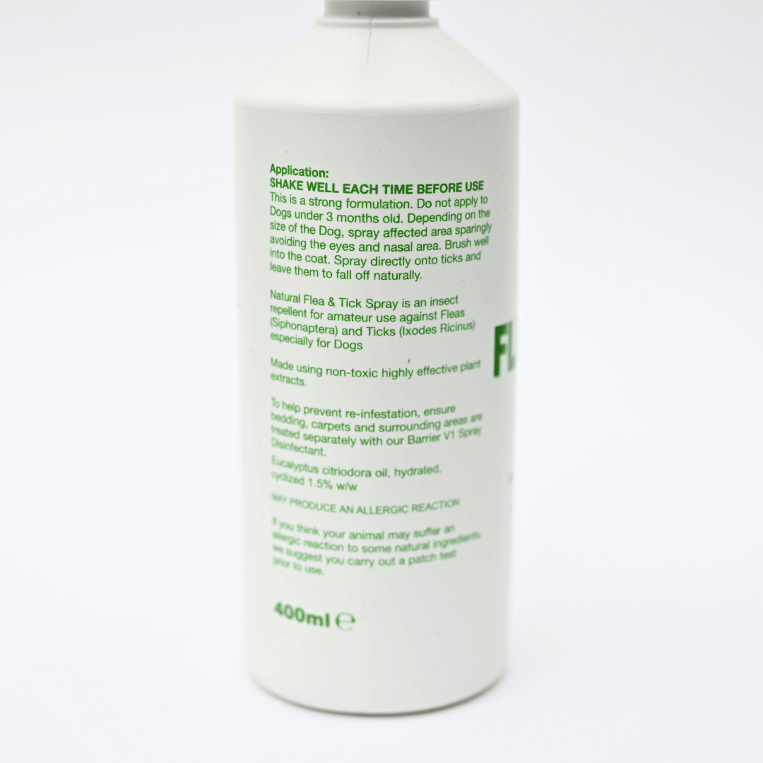 Barrier Natural Flea and Tick Spray for Dogs 400ml with application instructions on the label