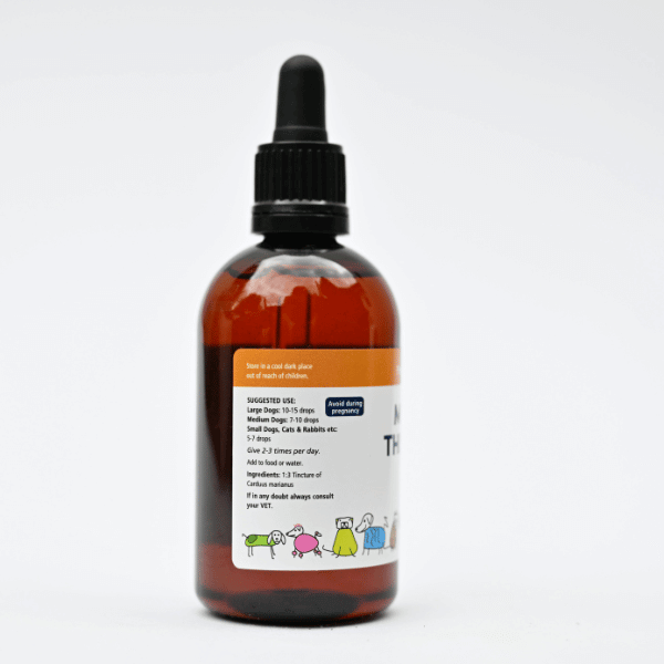 Milk Thistle Tincture for Dogs bottle with dropper, supporting liver health with Silymarin for optimal canine wellness.