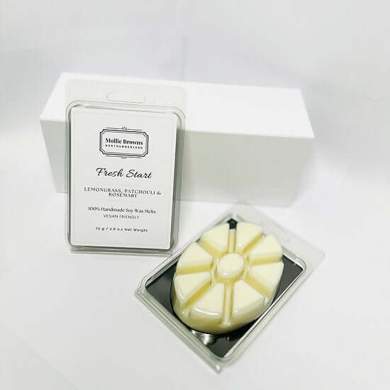 Mollie Brown's Fresh Start Pet Friendly Wax Melts, lemongrass, patchouli, and rosemary scents, handcrafted in the UK.