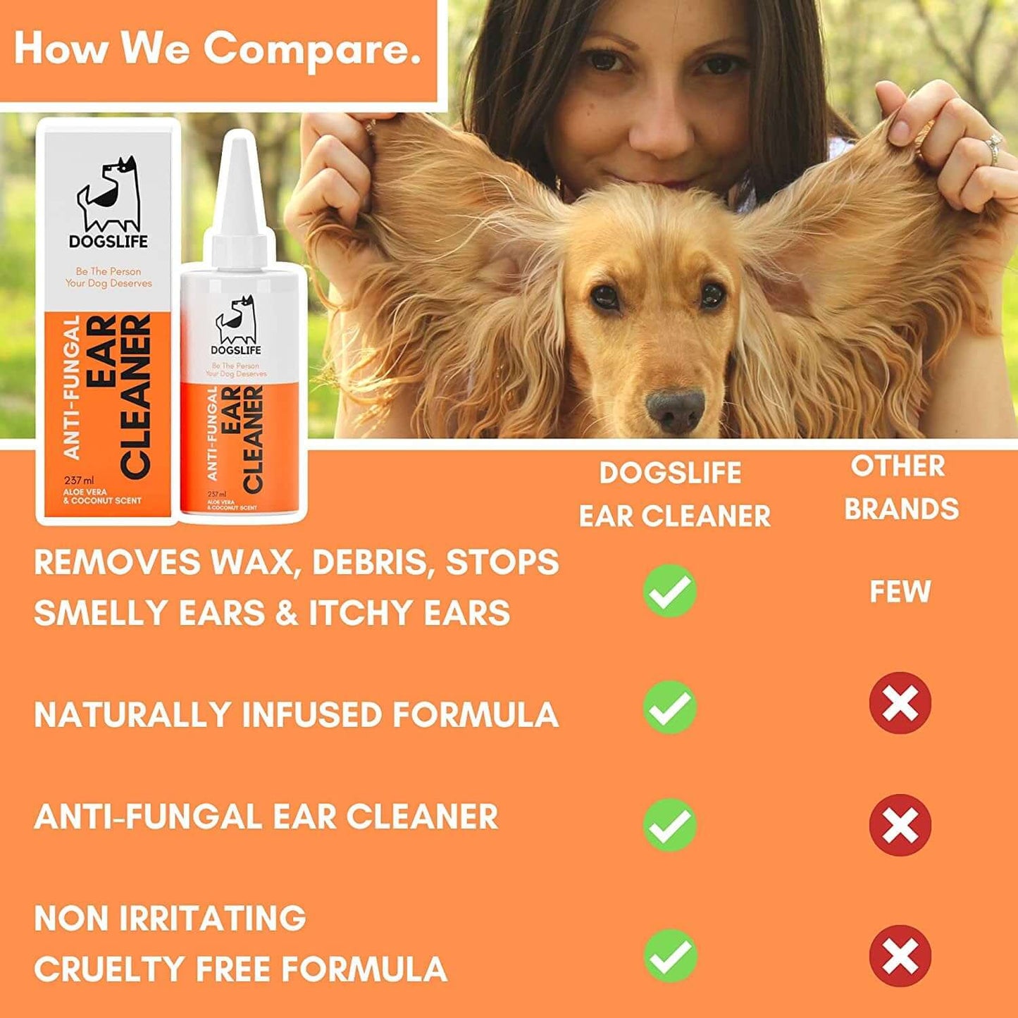Comparison of Dog's Life Anti-Fungal Ear Cleaner vs other brands, highlighting natural ingredients and benefits for healthy dog ears.