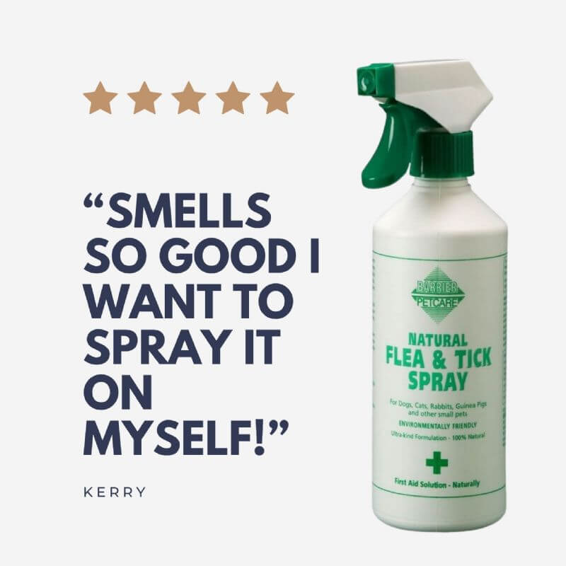 Barrier Natural Flea and Tick Spray for dogs with positive customer review and 5-star rating.