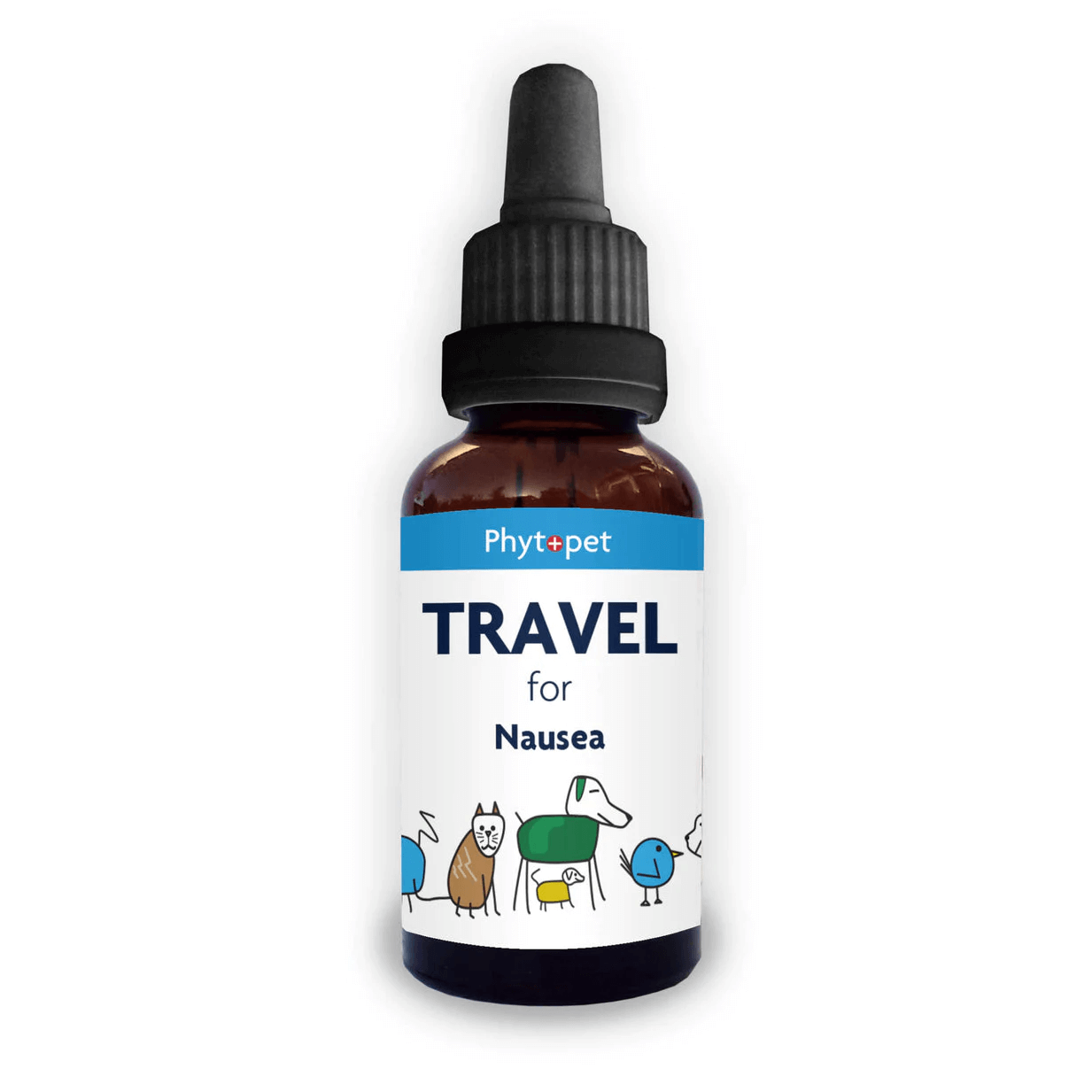 Travel for Dogs herbal remedy bottle designed to alleviate travel sickness in pets.