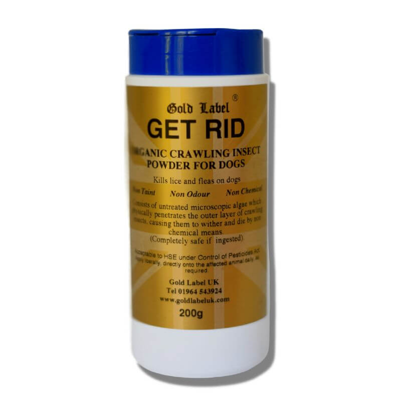 Get Rid Natural Flea Powder for Dogs 200g, 100% natural and non-toxic, kills fleas within 4 hours, contains Diatomaceous Earth.