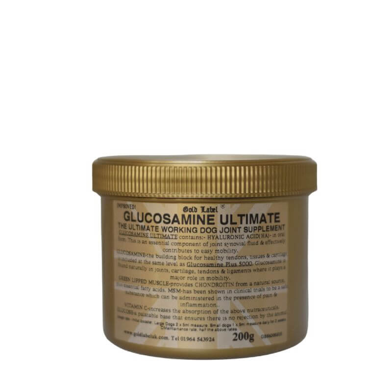 Glucosamine Ultimate supplement jar with hyaluronic acid and green lipped mussel for joint support, 200g.