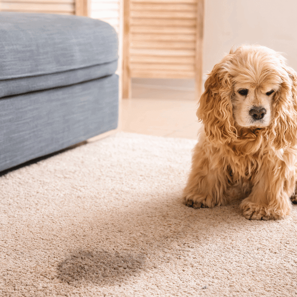 Senior dog looking at wet spot on carpet, representing incontinence issues often treated with natural homeopathy.