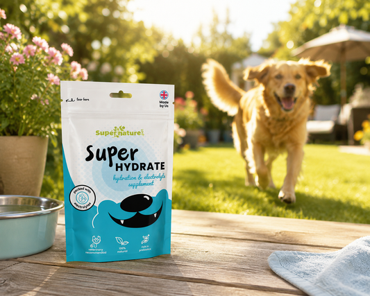 Packet of Super Natural Super Hydration supplement on a table in the garden with a dog in background