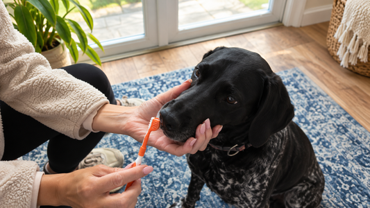 Dog having their teeth brushed