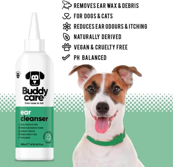 Buddy Ear Cleaner bottle next to a happy dog with product benefits listed, including reduced ear wax, odor, and itchiness, cruelty-free formula.