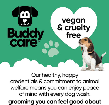 Buddy Care logo with a beagle puppy, vegan and cruelty-free message, promoting responsible and peaceful animal grooming products.