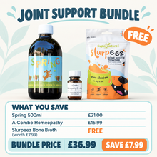 Joint Support Bundle savings: Spring 500ml (£21.00), A Combo Homeopathy (£15.99) and FREE Slurpeez Bone Broth (worth £7.99), bundle price £36.99, save £7.99