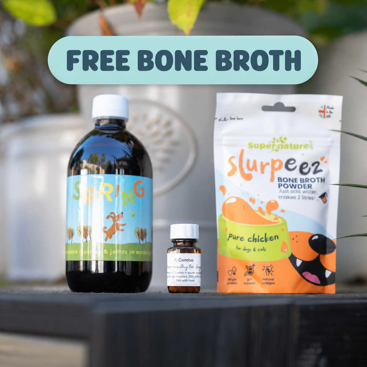 Joint Support Bundle for dogs: Spring 500ml joint supplement, A Combo homeopathy and a FREE Slurpeez Bone Broth Powder