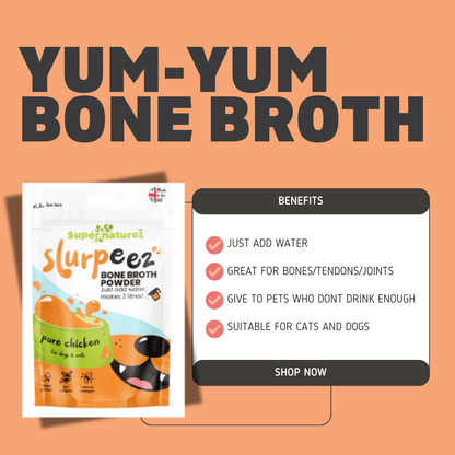 "Slurpeez Bone Broth Powder with benefits for joints, digestion, and pets. Just add water to make nutritious broth."