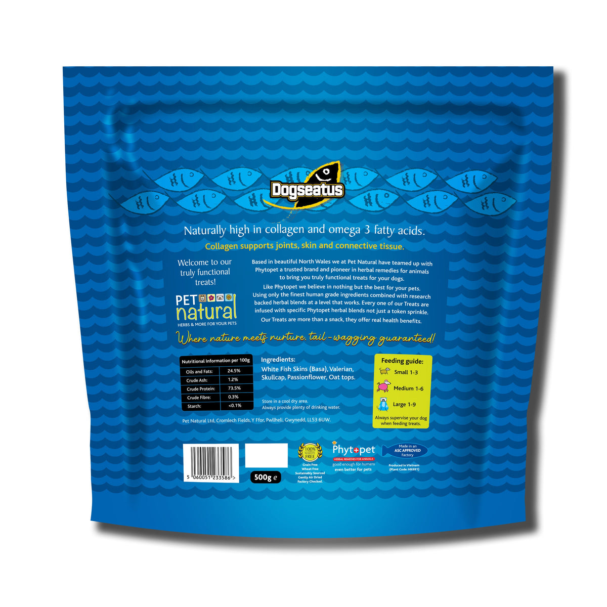 Reverse of a packet of Dogseatus Fish Skin Cubes