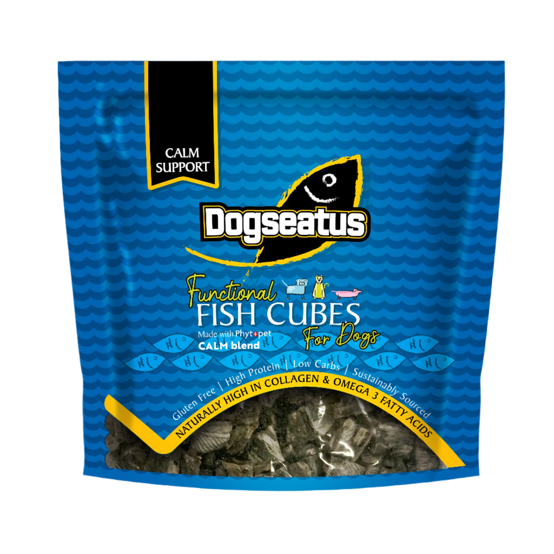 Front of packet of Dogseatus Fish Skin Cubes