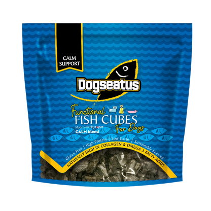 Front of packet of Dogseatus Fish Skin Cubes