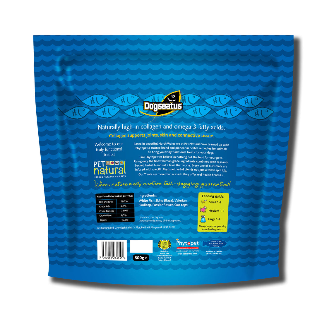 Reverse of a packet of Dogseatus Fish Skin Flats