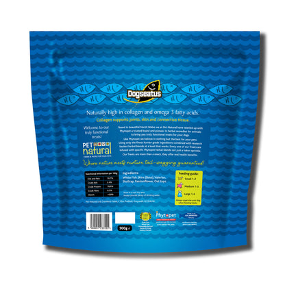 Reverse of a packet of Dogseatus Fish Skin Flats
