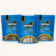 Fish cubes, flats and twists in blue packets on a white background