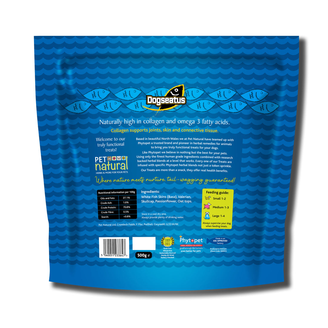 reverse of a packet of dogseatus fish skin twists
