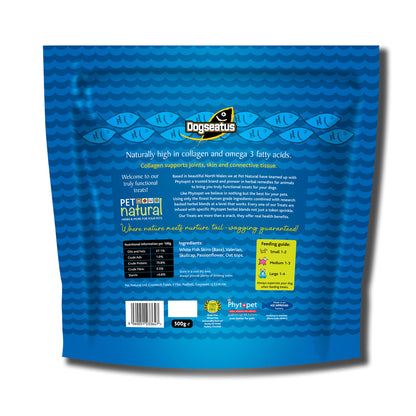 reverse of a packet of dogseatus fish skin twists