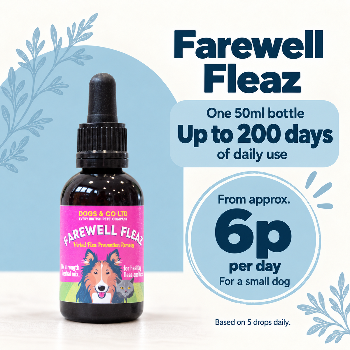 A bottle of Farewell Fleaz dog flea treatment by Bone & Co Ltd, shown on a light blue and white background with promotional text detailing the 50ml bottle, 200-day use, and cost of 6p per day for a small dog.