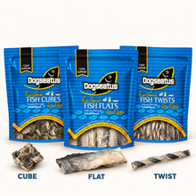 Fish cubes, flats and twists in blue packets with individual treats labelled on a white background