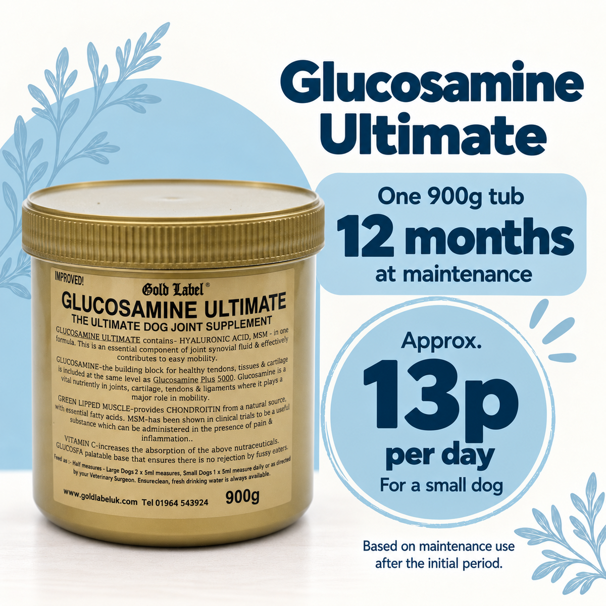 Gold Label Glucosamine Ultimate dog joint supplement in a 900g tub, shown with promotional text overlays for one day and 12-month maintenance use.