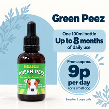 A bottle of Green Peez lawn burn support for dogs, shown on a clean graphic background with text detailing usage and pricing.