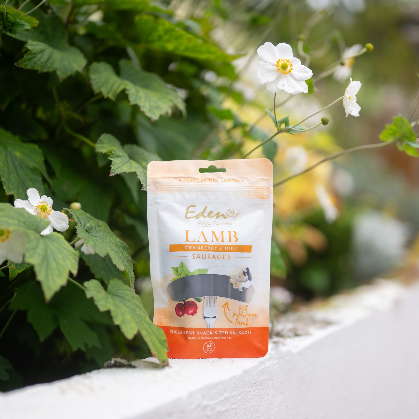Eden Sausage Treats package featuring Lamb with Cranberry & Mint, succulent snack-sized sausages for dogs.