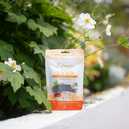 Eden Sausage Treats package featuring Lamb with Cranberry & Mint, succulent snack-sized sausages for dogs.