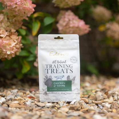 Eden Training Treats package featuring Chicken & Thyme, suitable for dog training rewards.