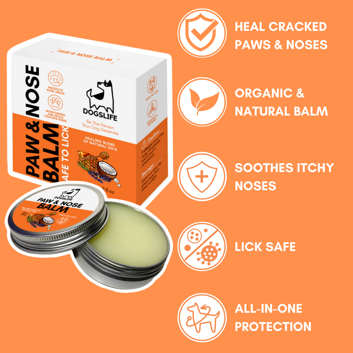Paw and nose balm with 5 key features on orange background