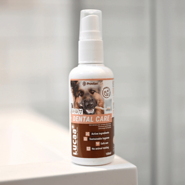 Bottle of Provilan Lucaa+ Pet Probiotic Dental Spray for dogs and cats on shelf