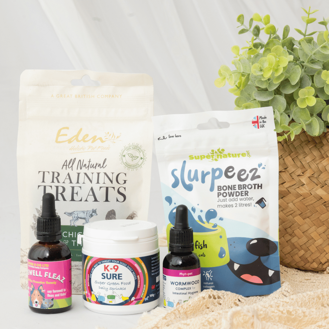 Wormwood complex, K9 Sure, Eden training sheets, Slurpeez bone broth shown on a white background