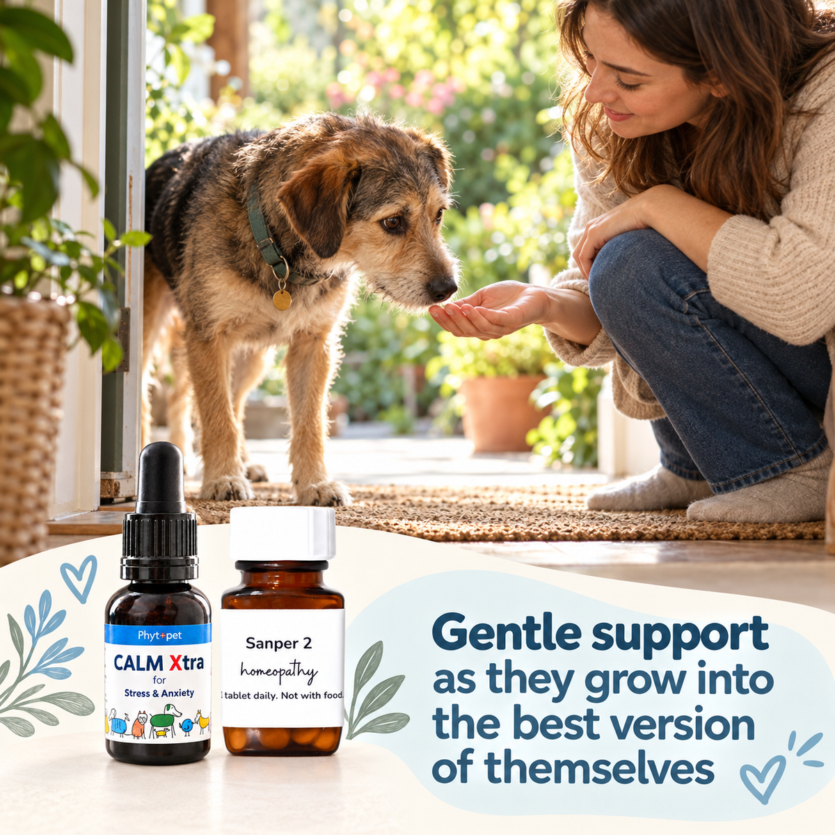 A woman kneels on a porch floor offering food to a brown and black dog, with two pet supplement bottles in the foreground: a Calm Xtra dropper bottle and a Sanper 2 homeopathy bottle. Text on the image reads, 'Gentle support as they grow into the best version of themselves.