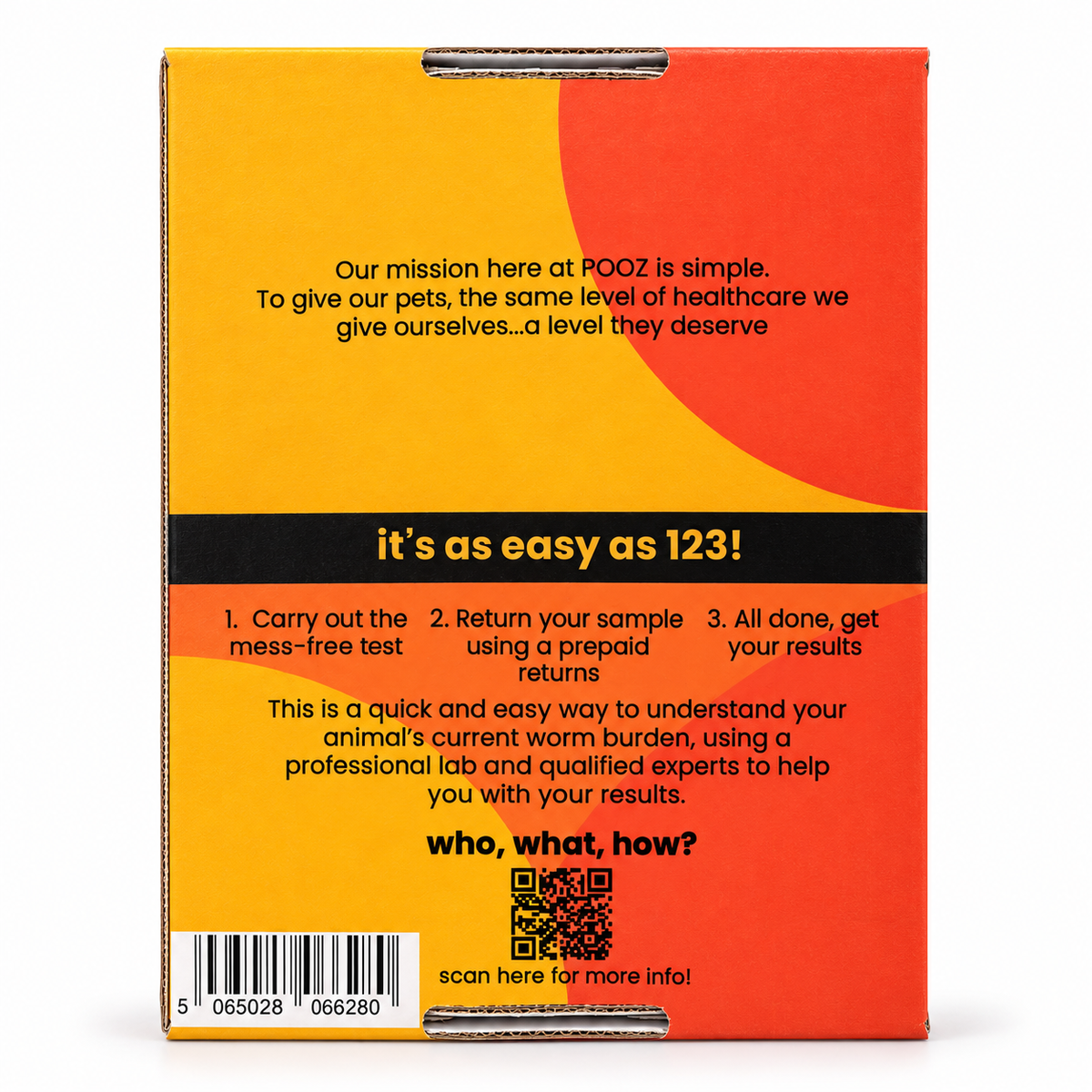 The back of a cardboard POOZ pet worming treatment box, featuring a bright yellow and orange design with black text, a barcode, and a QR code.